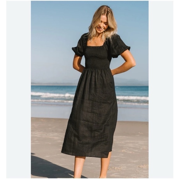 Boden Sky Smocked Short Sleeve Linen Midi Dress - Picture 1 of 16